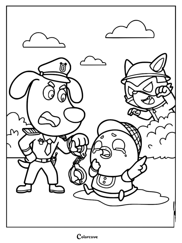 Sheriff Labrador tenant des menottes tout en se tenant au-dessus d'un Petit Canard en pleurs, avec Renard Roux rôdant en arrière-plan sur ce coloriage à imprimer.