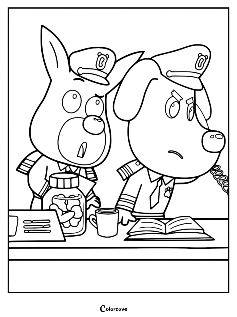 Sheriff Labrador et Dobie en uniformes de police à un bureau, coloriage mettant en vedette Sheriff Labrador avec une tête en forme de mangue et Dobie avec de grandes oreilles pointues.