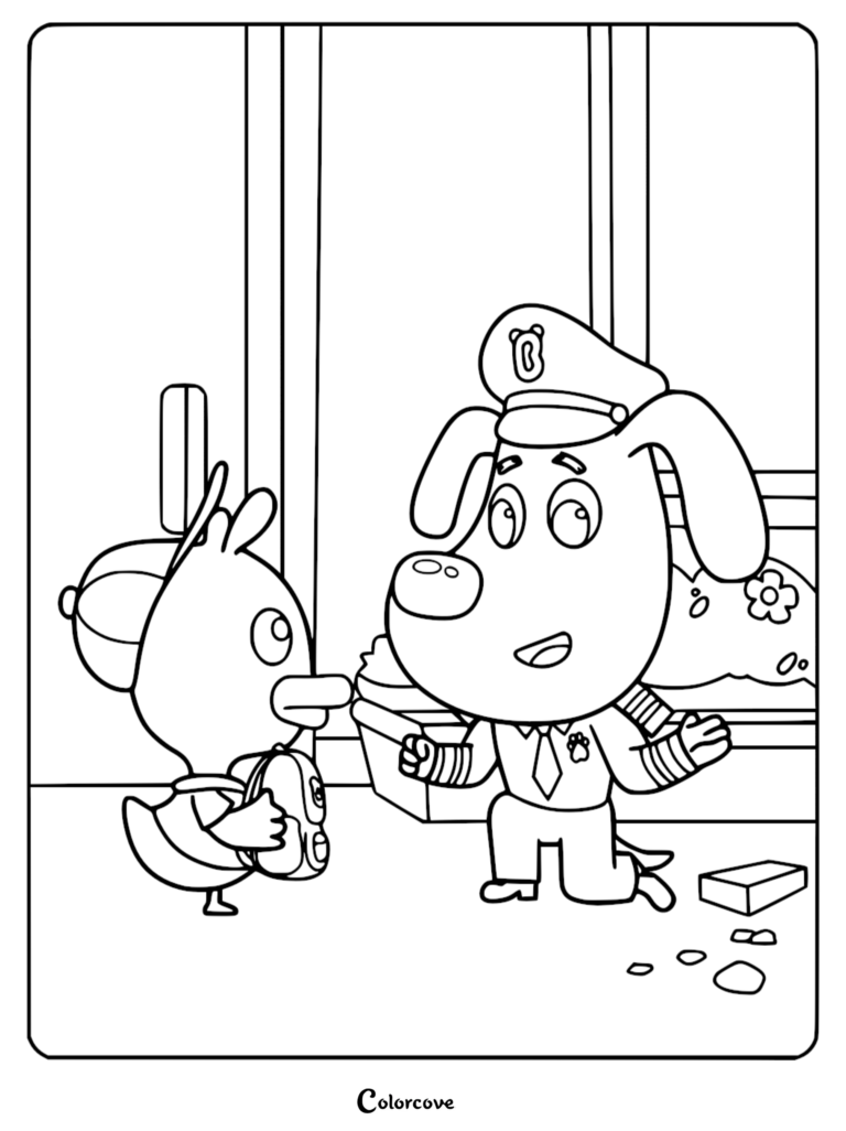 Sheriff Labrador en uniforme de police agenouillé pour parler à Petit Canard qui porte une casquette et un sac à dos sur ce coloriage à imprimer.