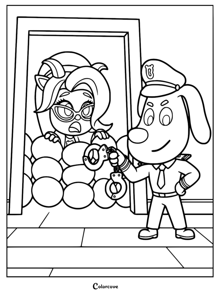Sheriff Labrador dans son uniforme de police tendant des menottes vers le Dr. Antel, qui se cache derrière un mur de ballons dans ce coloriage à imprimer.