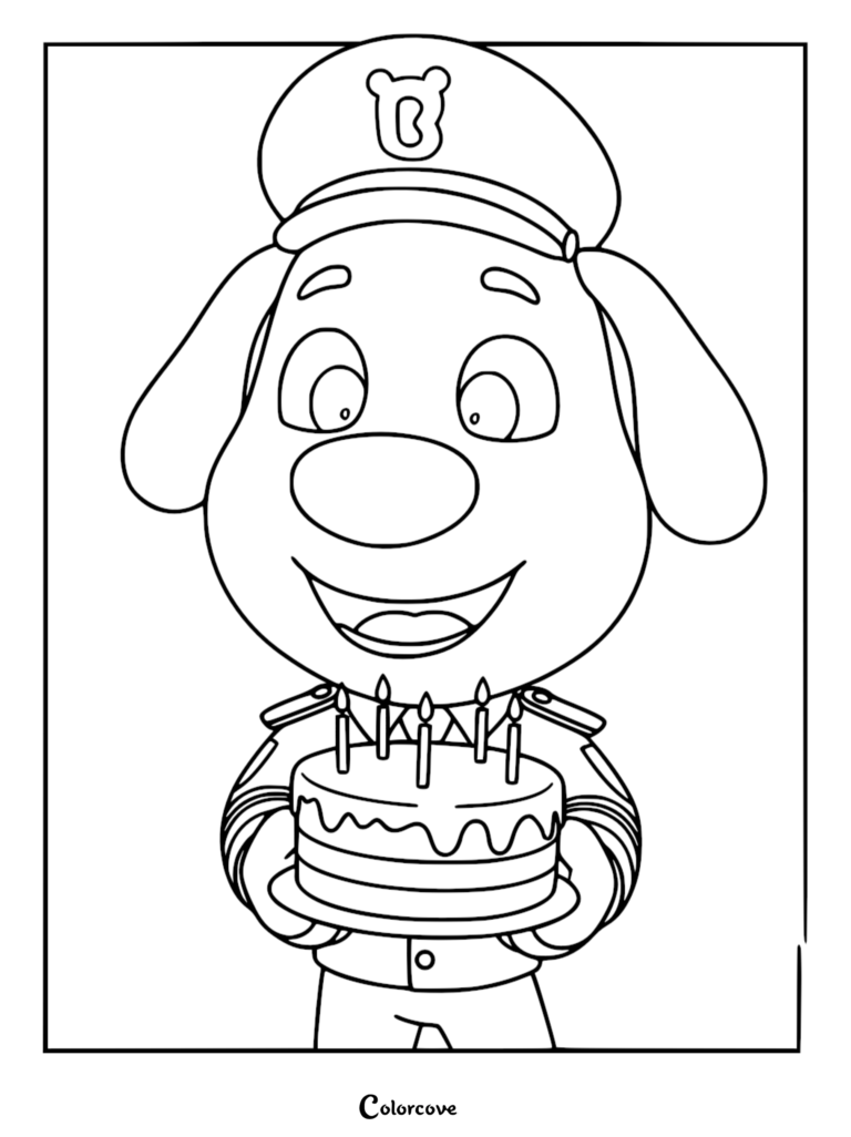 Sheriff Labrador portant son uniforme de police et sa casquette, tenant un gâteau d'anniversaire avec quatre bougies allumées, coloriage au trait noir et blanc.