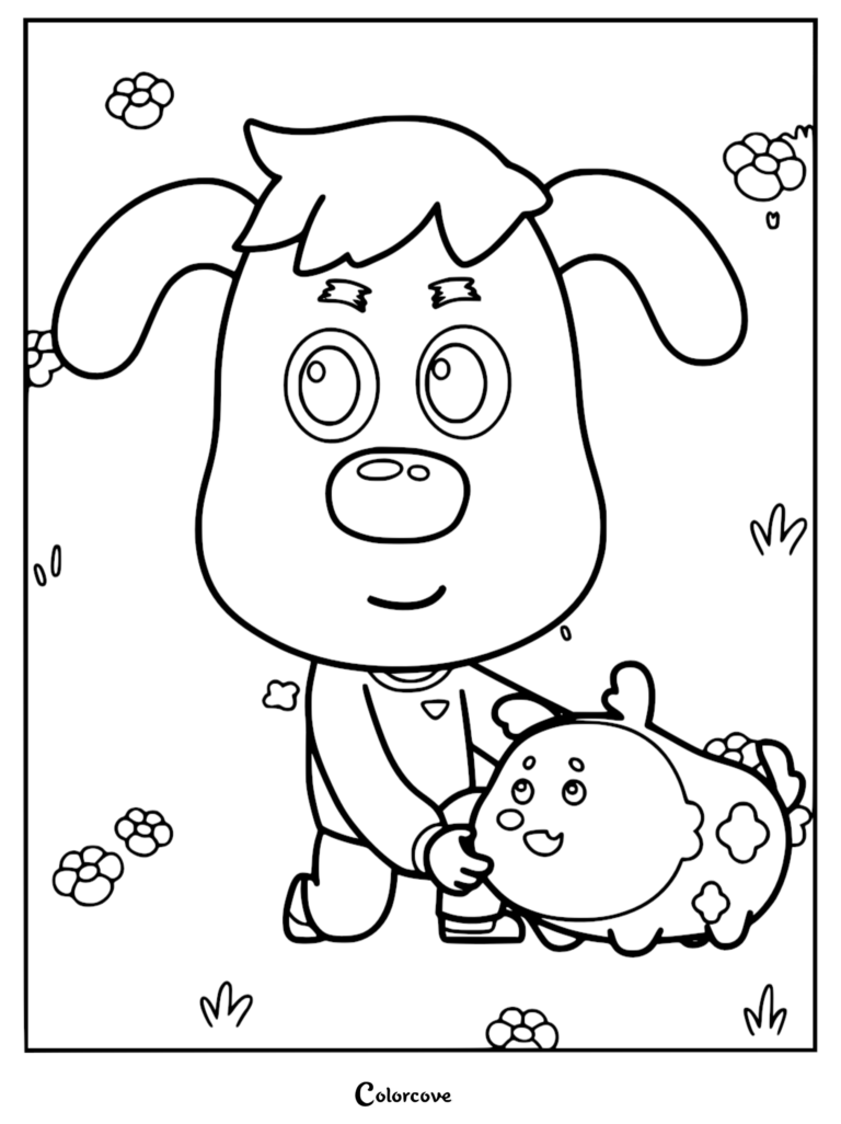 Sheriff Labrador agenouillé dans un champ de fleurs tout en tenant un petit chiot Dodo sur ce coloriage à imprimer.