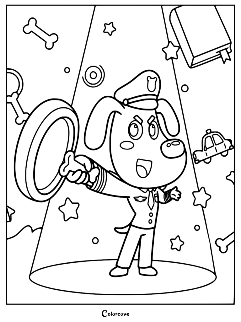 Sheriff Labrador en uniforme et casquette, tenant une grande loupe, entouré d'os flottants, d'étoiles et d'une voiture de police sur ce coloriage à imprimer.