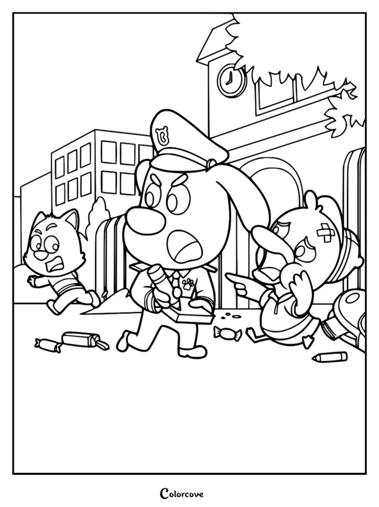 Sheriff Labrador prenant des notes tandis que Petit Canard montre des bonbons éparpillés, avec un personnage en détresse courant en arrière-plan sur ce coloriage.