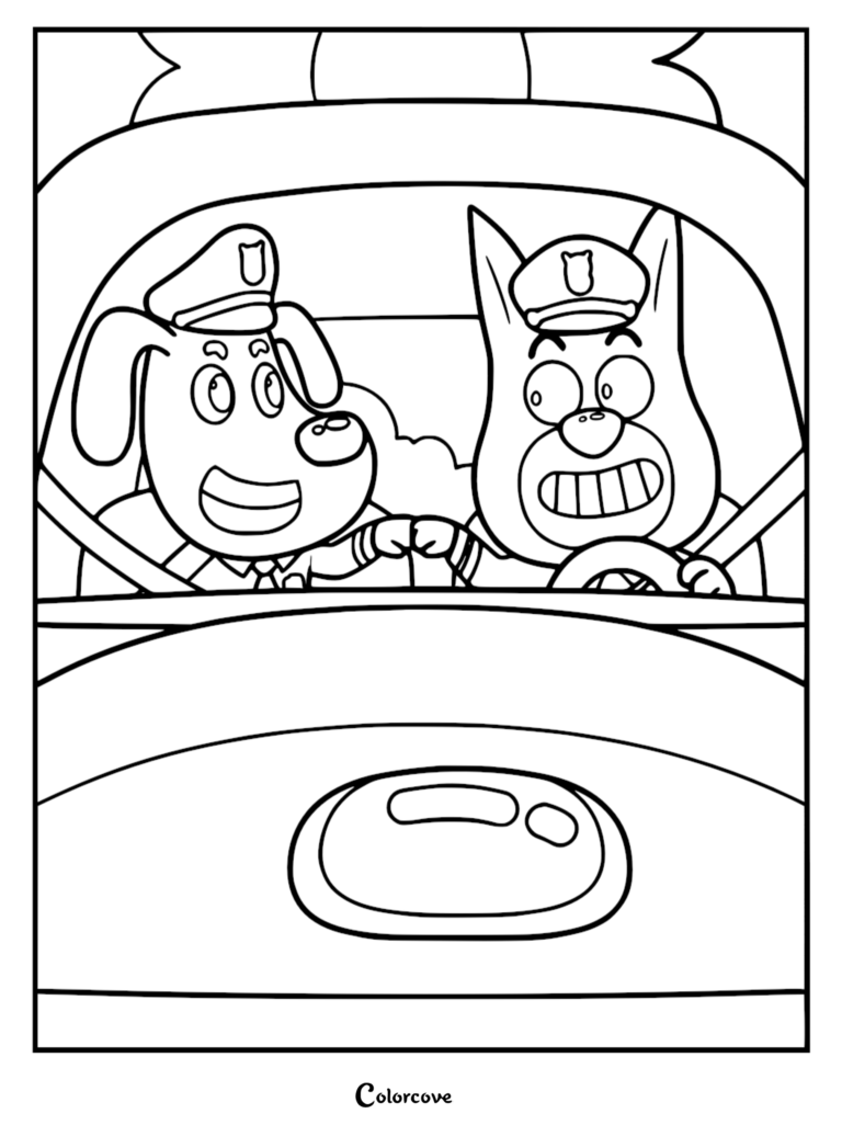 Sheriff Labrador avec sa tête en forme de mangue et Dobie avec ses grandes oreilles pointues se faisant un check en conduisant une voiture de police, présenté sous forme de coloriage au trait.
