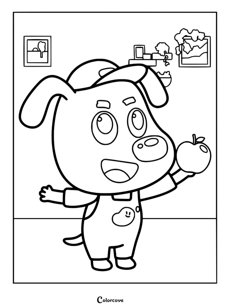 Dodo le chiot portant une salopette et une casquette, tenant une pomme fraîche à la main, coloriage au trait.
