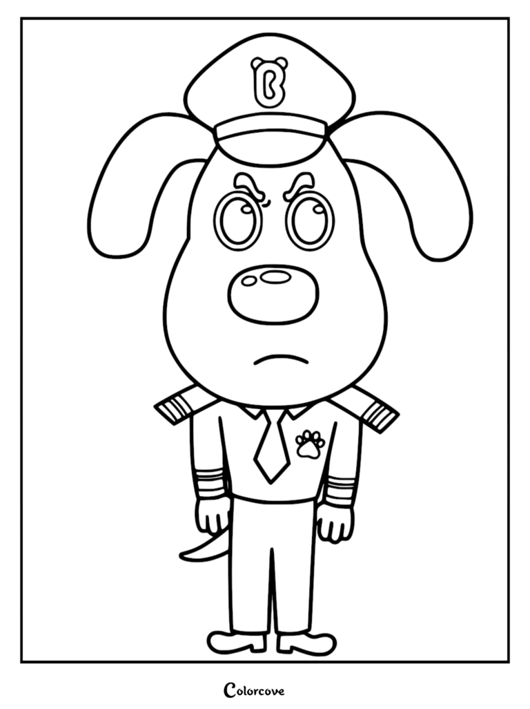 Sheriff Labrador debout en uniforme de police avec une casquette à visière et un badge en forme de patte sur ce coloriage à imprimer.