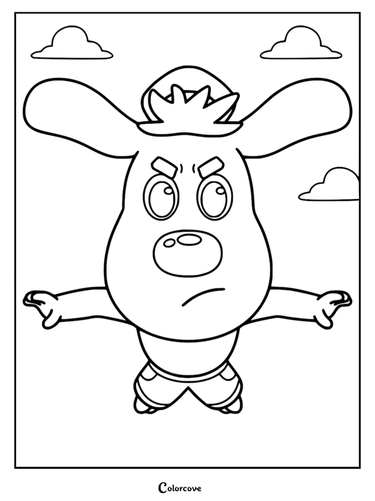 Un coloriage à imprimer mettant en vedette Dodo, le chiot Labrador, avec sa tête ronde surdimensionnée, ses oreilles tombantes et ses membres trapus, debout sur un fond de ciel simple avec des nuages.