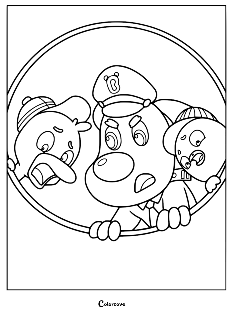 Sheriff Labrador avec sa casquette, Petit Canard avec une casquette et Dodo regardant à travers un cadre circulaire sur ce coloriage à imprimer.