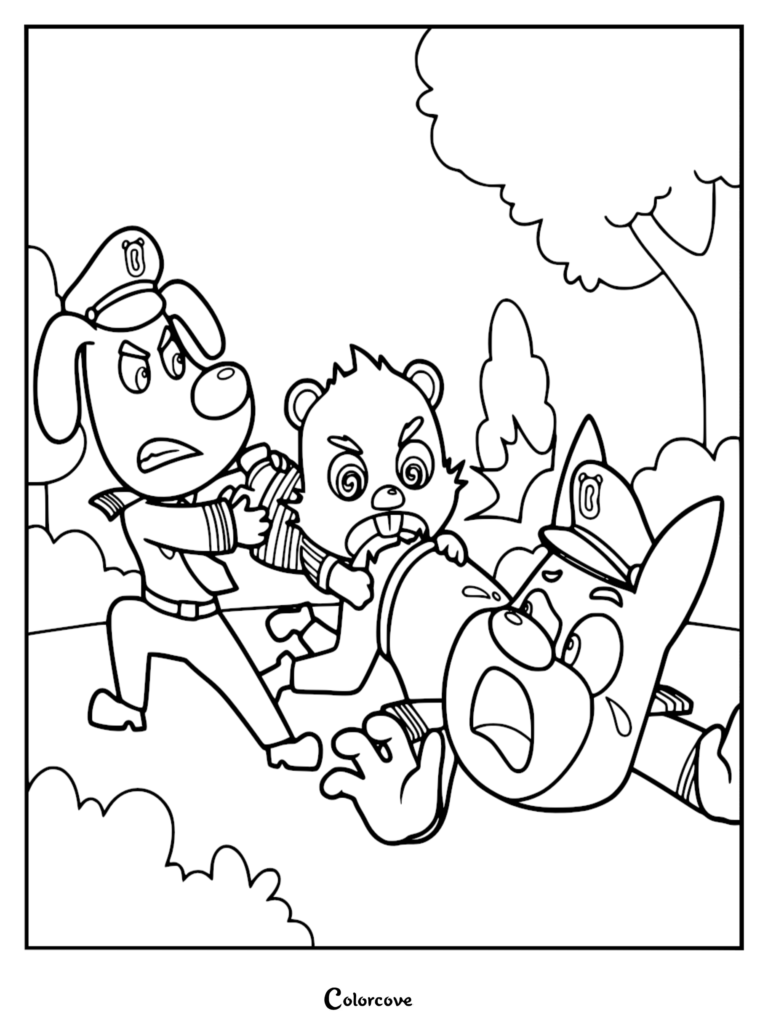 Sheriff Labrador dans son uniforme de police et Dobie avec ses oreilles pointues appréhendant un suspect étourdi aux dents en avant dans un parc, coloriage au trait noir et blanc.