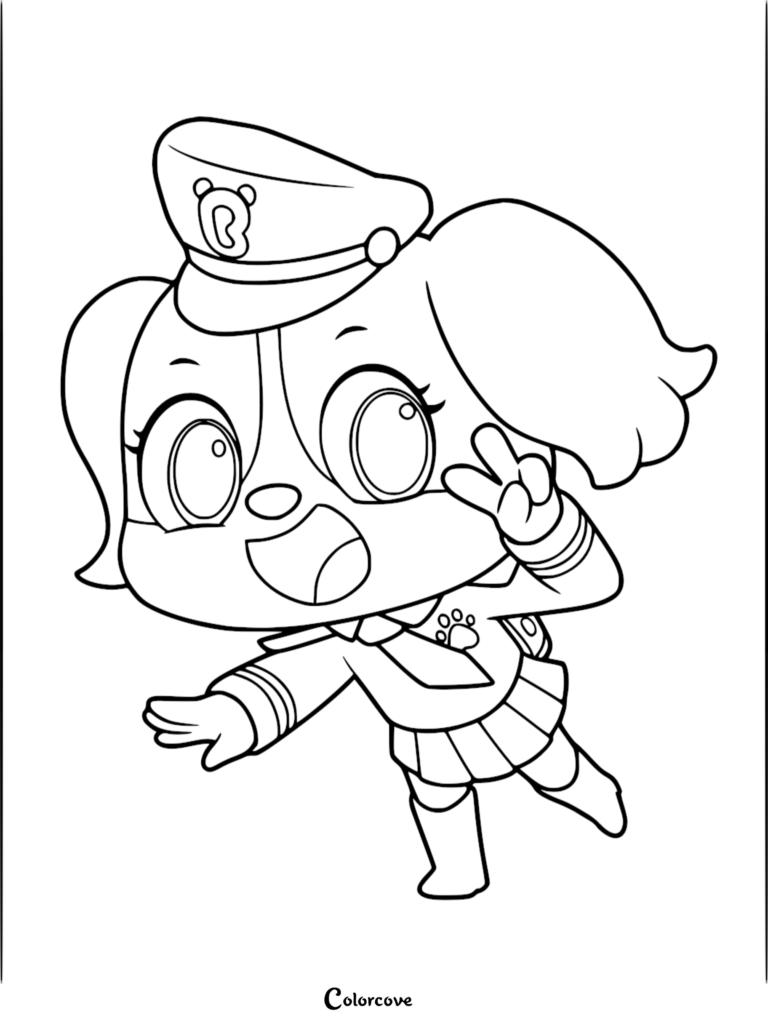 L'Officier Papillon de Sheriff Labrador portant son uniforme et sa casquette de police, faisant un signe de paix, présenté sous forme de coloriage au trait épuré.