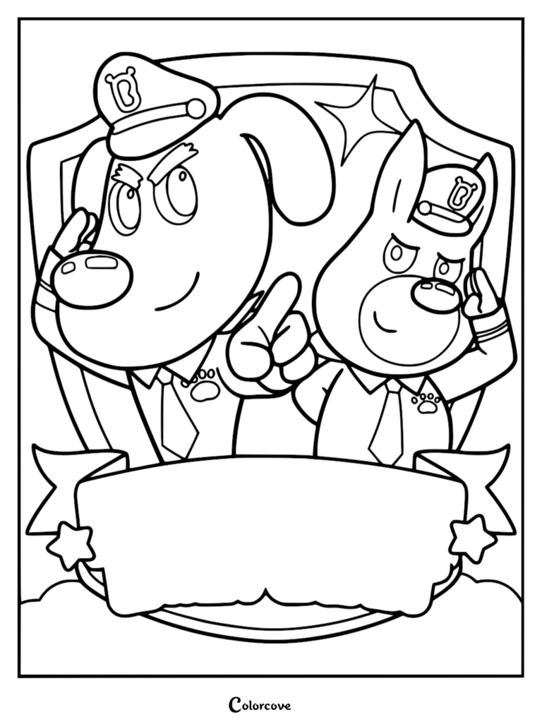 Sheriff Labrador et Dobie en uniformes de police saluant devant un arrière-plan en forme de badge sur un coloriage à imprimer.