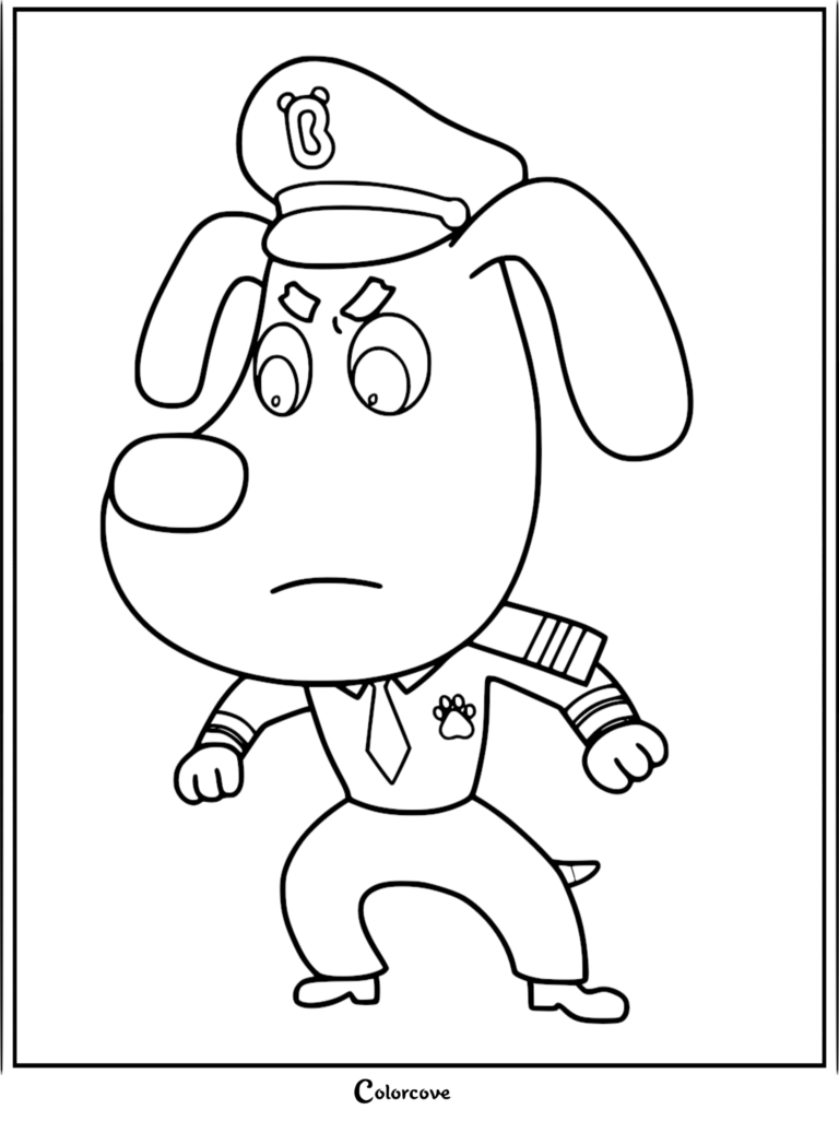 Sheriff Labrador portant son uniforme de police et sa casquette avec une expression sévère, présenté sur un coloriage à imprimer.