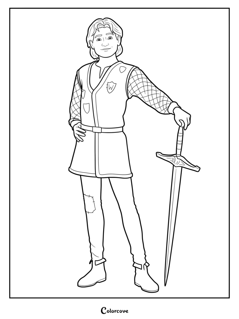 Arthur Pendragon from Shrek standing with a sword in this printable coloring page.