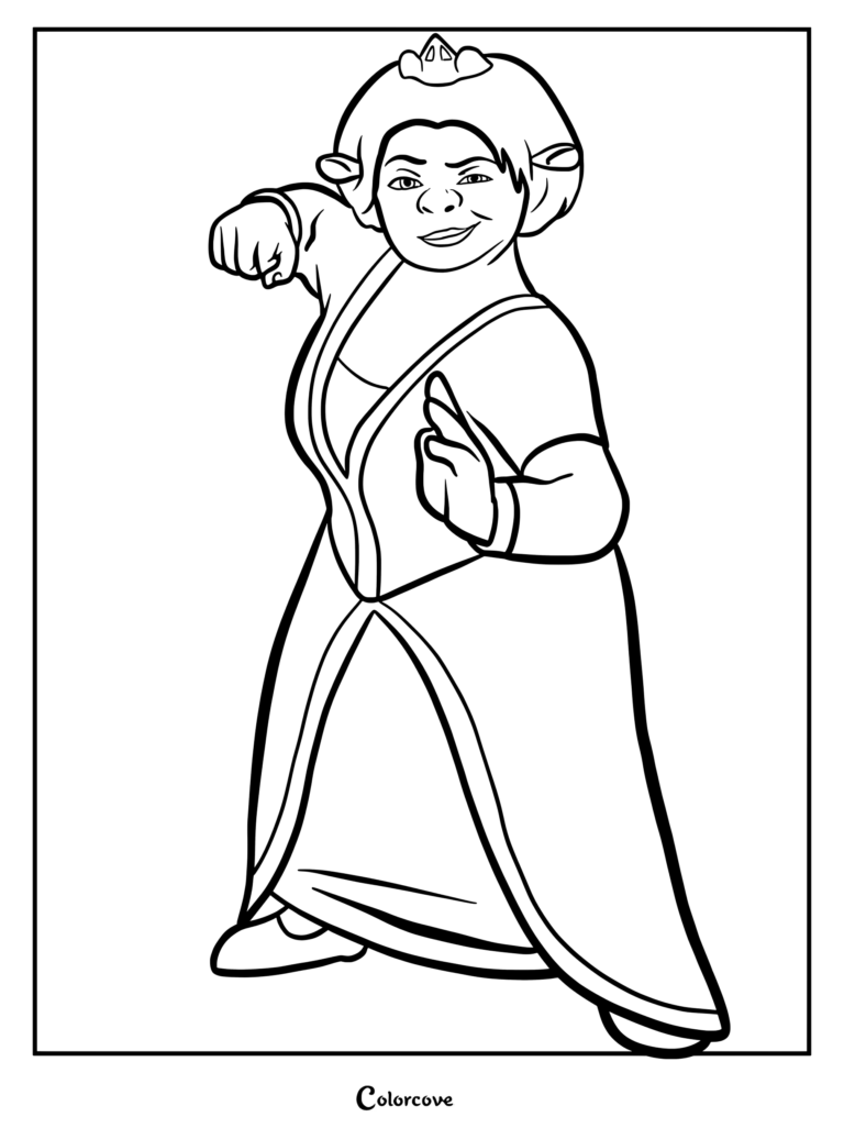 Fiona in a martial arts fighting stance wearing her signature dress on a printable coloring page.