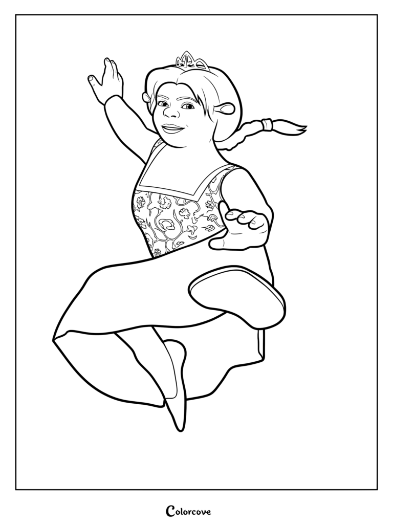 Princess Fiona performing a dynamic kung fu kick in her floral dress, detailed line art coloring page.