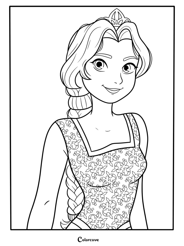 Princess Fiona wearing a crown and a floral patterned dress in this printable coloring page.
