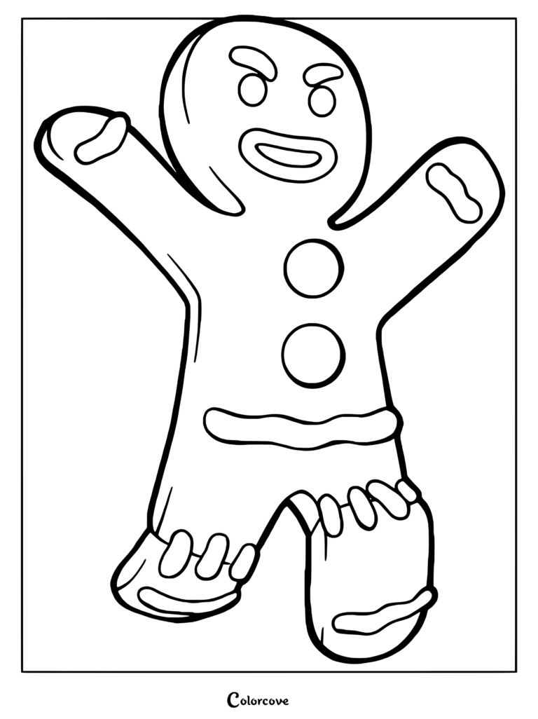 Gingy the Gingerbread Man with arms raised in a cheerful pose on a printable coloring page.