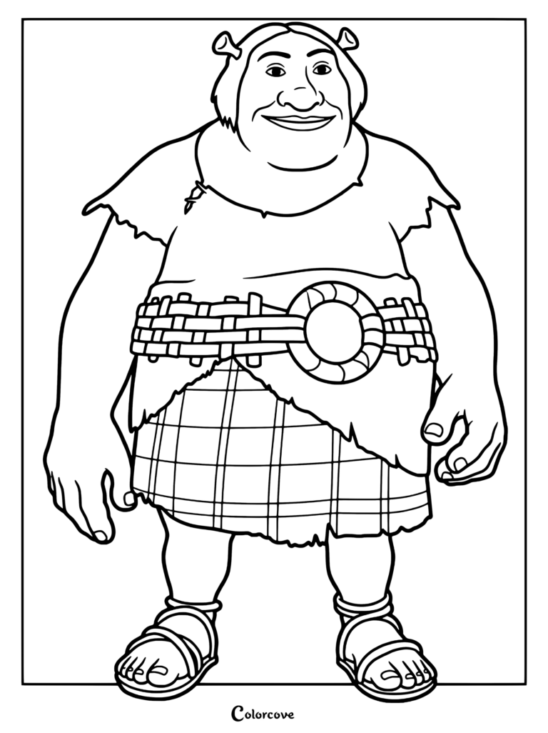 Gretched standing in a plaid kilt and woven belt, detailed line art coloring page.