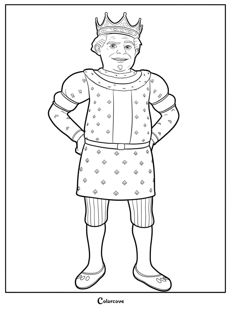 King Harold from Shrek wearing his royal crown and fleur-de-lis patterned tunic in a printable coloring page.
