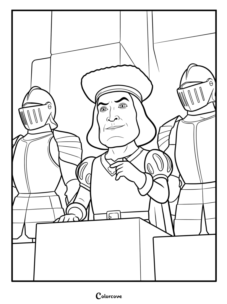 Lord Farquaad in his signature red tunic and beret, overlooking a tournament in Duloc, flanked by two armored knights in this printable coloring page.