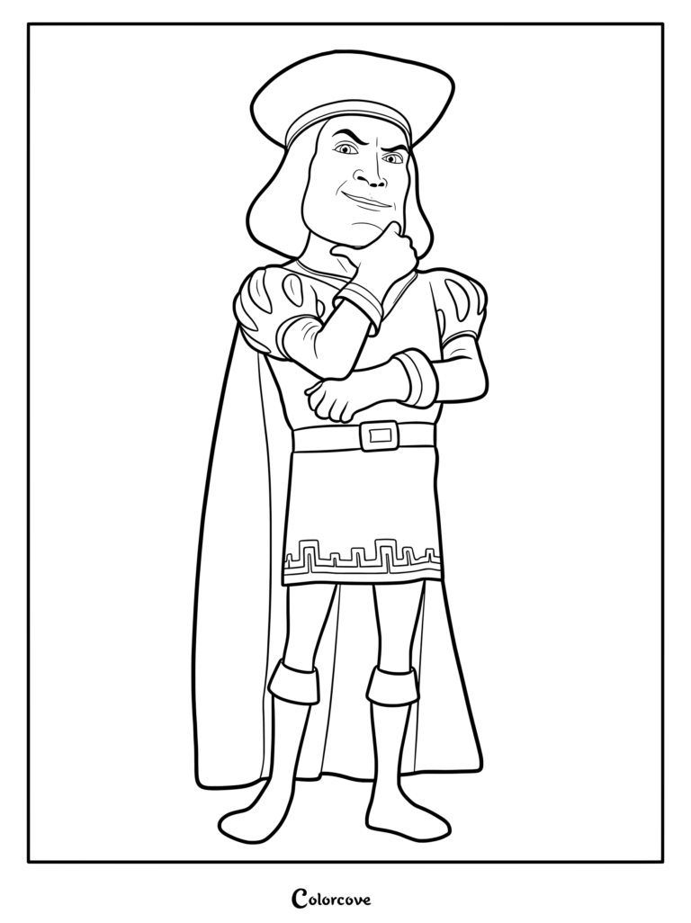 Lord Farquaad standing with his hand on his chin in a thoughtful pose, featured in a printable coloring page.