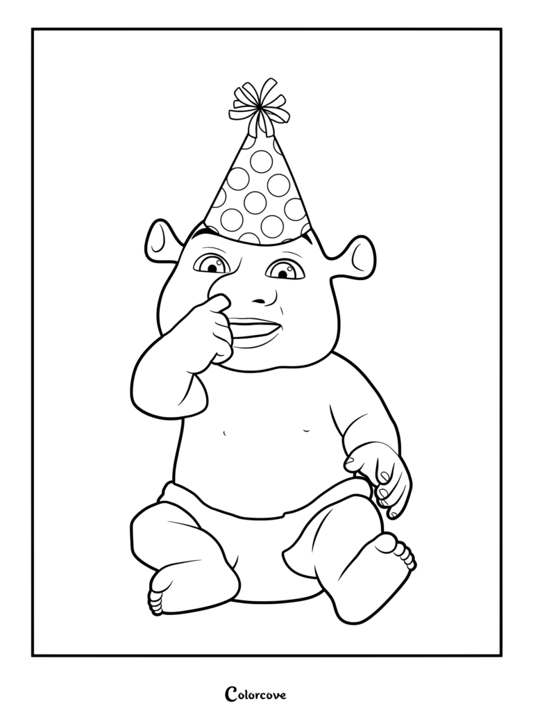 Baby ogre from Shrek the Third wearing a red and white polka-dotted party hat, printable coloring page.