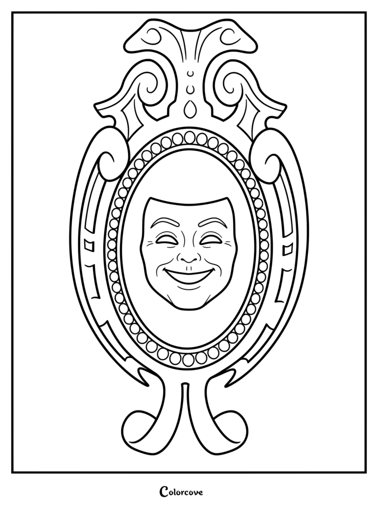 A detailed coloring page featuring the Magic Mirror from Shrek with its ornate frame and smiling face.