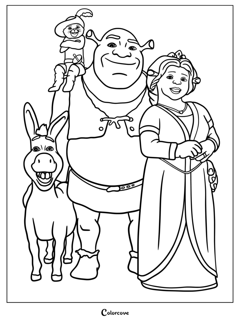 Shrek, Princess Fiona, Donkey, and Puss in Boots coloring page featuring the main characters standing together.