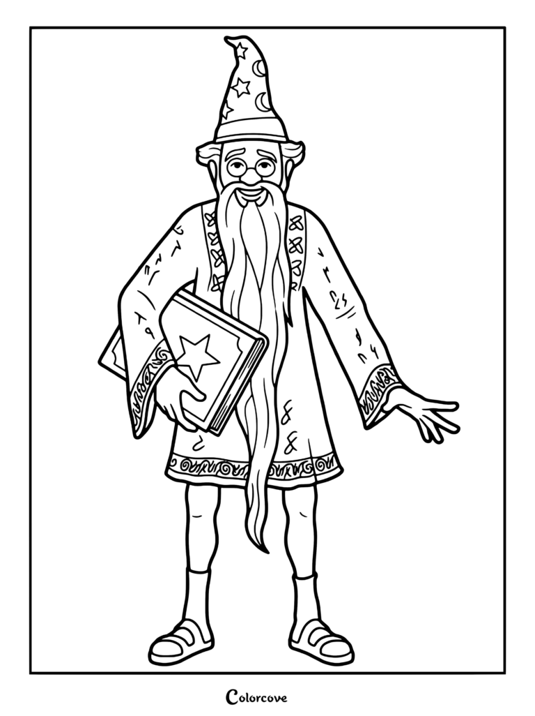 Merlin from Shrek wearing a star and moon wizard hat and robe while holding a spellbook in this printable coloring page.