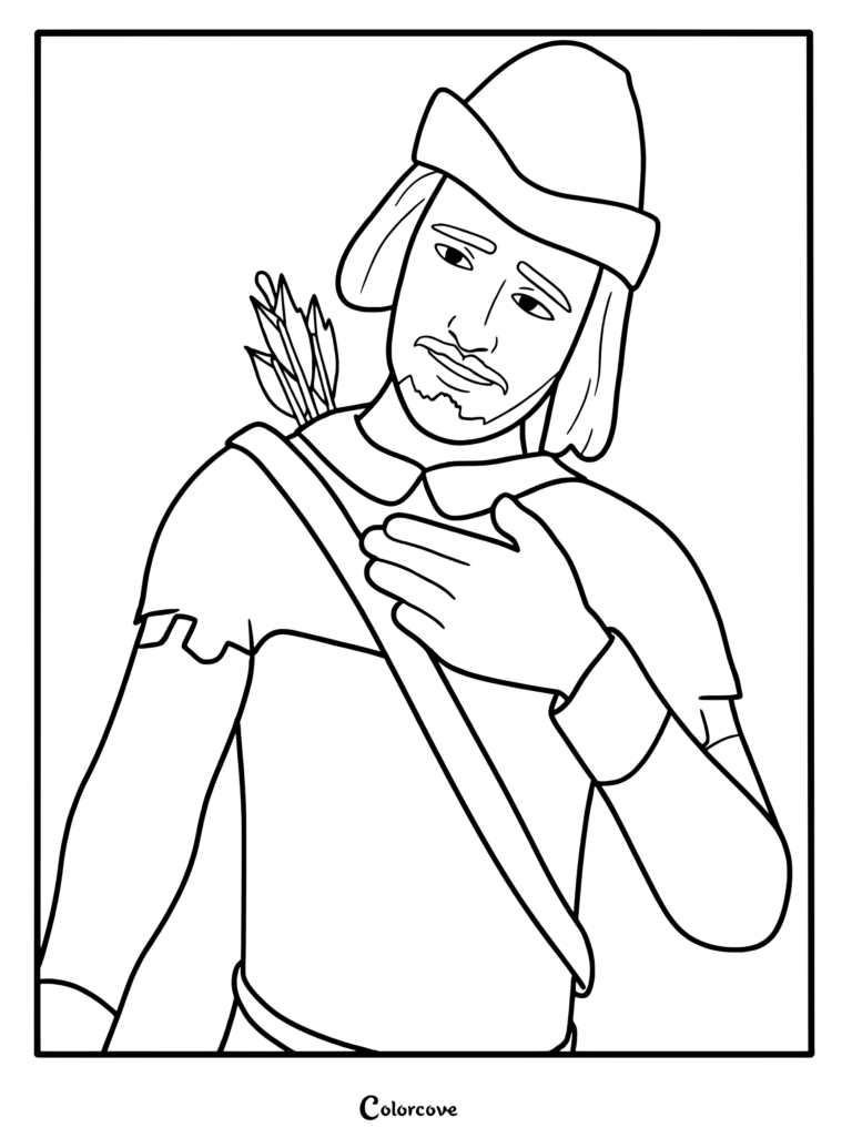 Monsieur Hood wearing his signature hat and carrying a quiver of arrows in this printable coloring page.