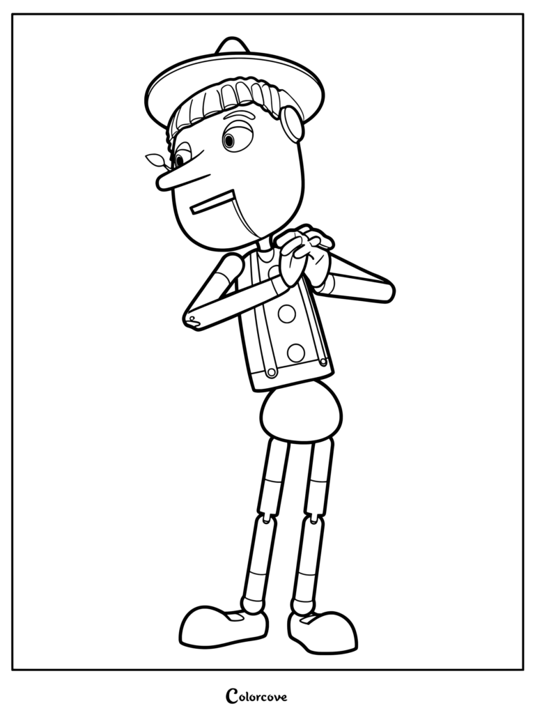 Pinocchio from Shrek standing with hands clasped in a line art coloring page.