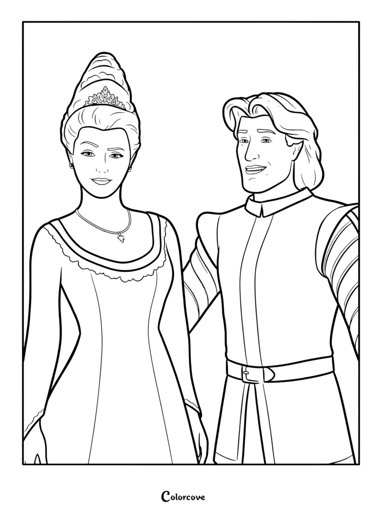 Prince Charming and Rapunzel standing side by side in a detailed line art coloring page.