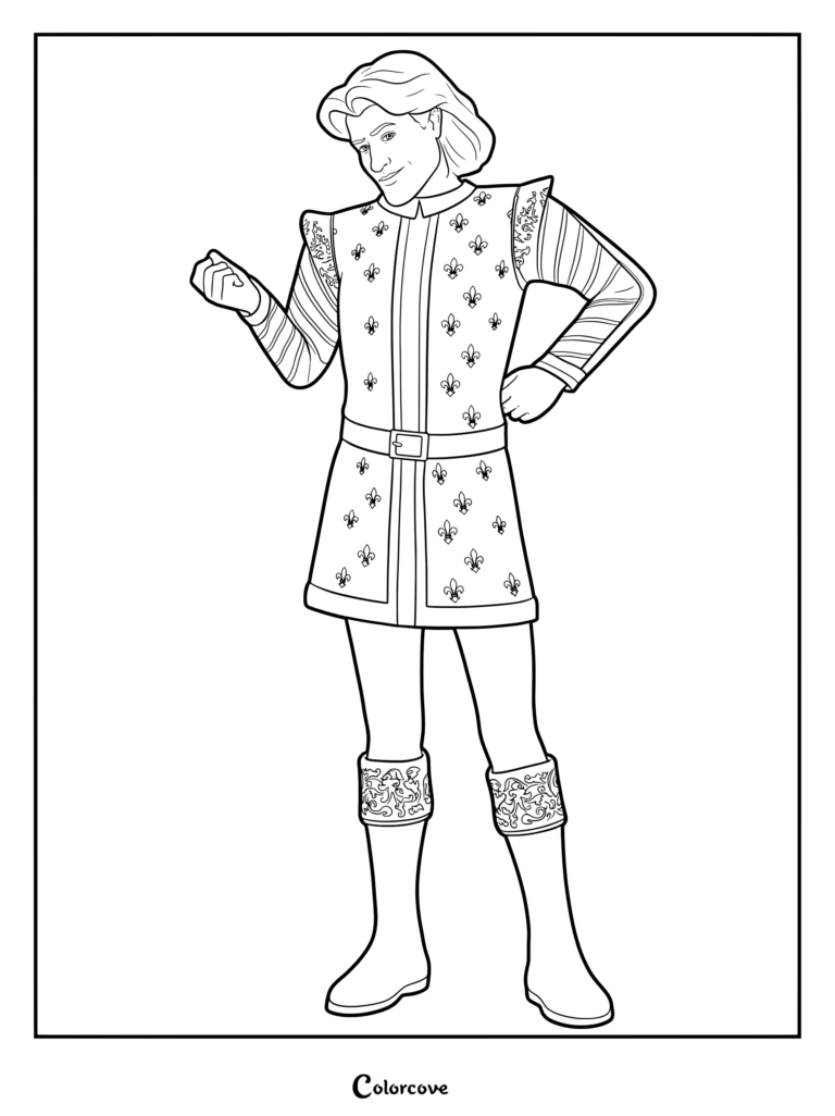 Prince Charming standing with a hand on his hip, wearing a fleur-de-lis tunic, in this printable coloring page.