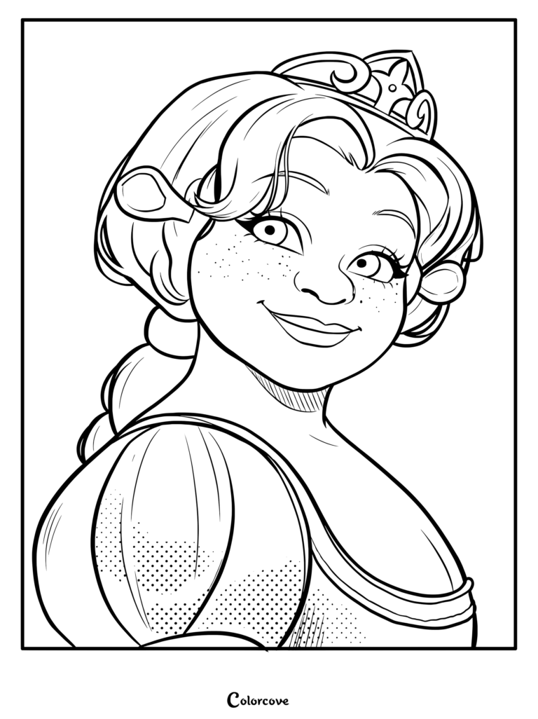 Princess Fiona wearing a tiara in this detailed character portrait coloring page.
