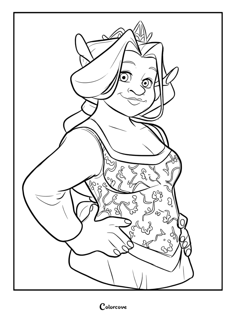 Princess Fiona wearing a floral patterned dress and tiara in this printable coloring page.