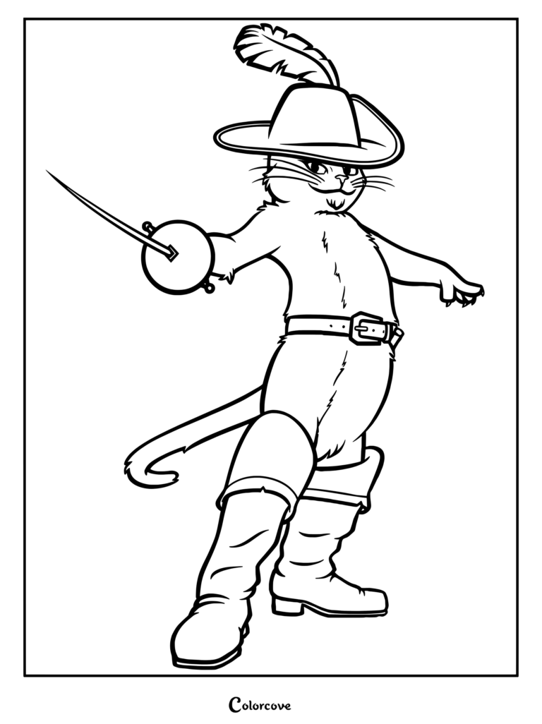 Puss in Boots wearing a feathered hat and boots while holding a rapier in this printable coloring page.