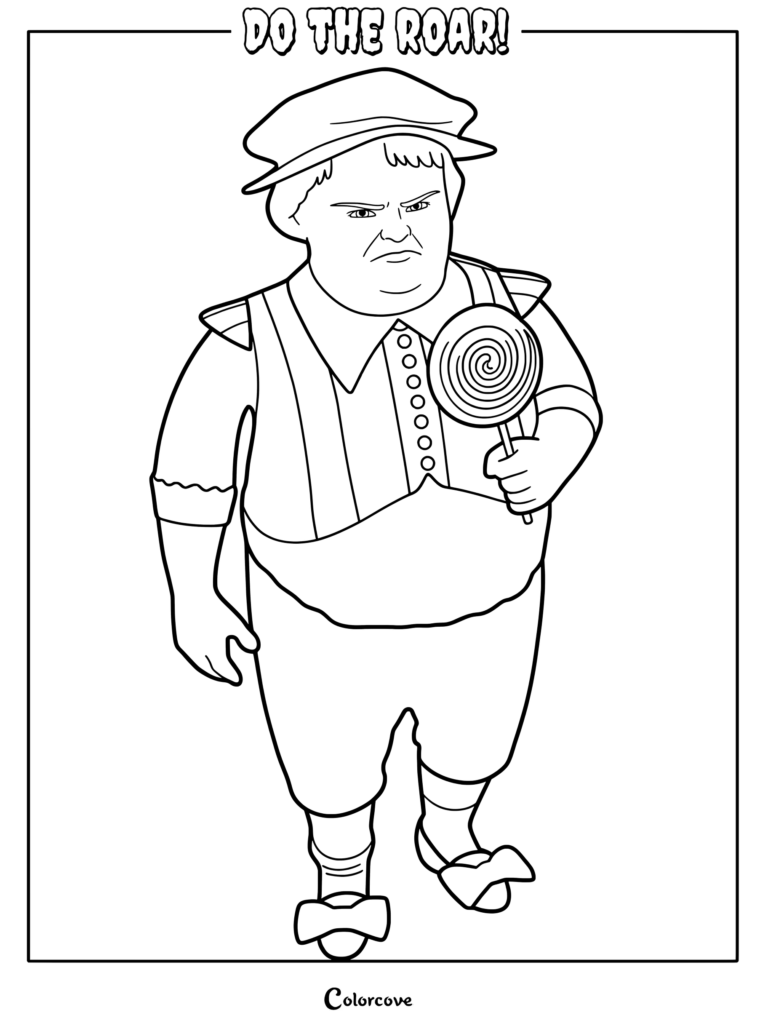 Butter Pants from Shrek holding a lollipop in a line art coloring page with the text Do The Roar