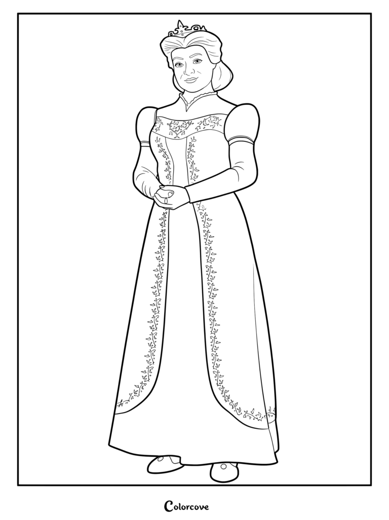 Queen Lillian wearing her royal gown and crown in this printable coloring page.