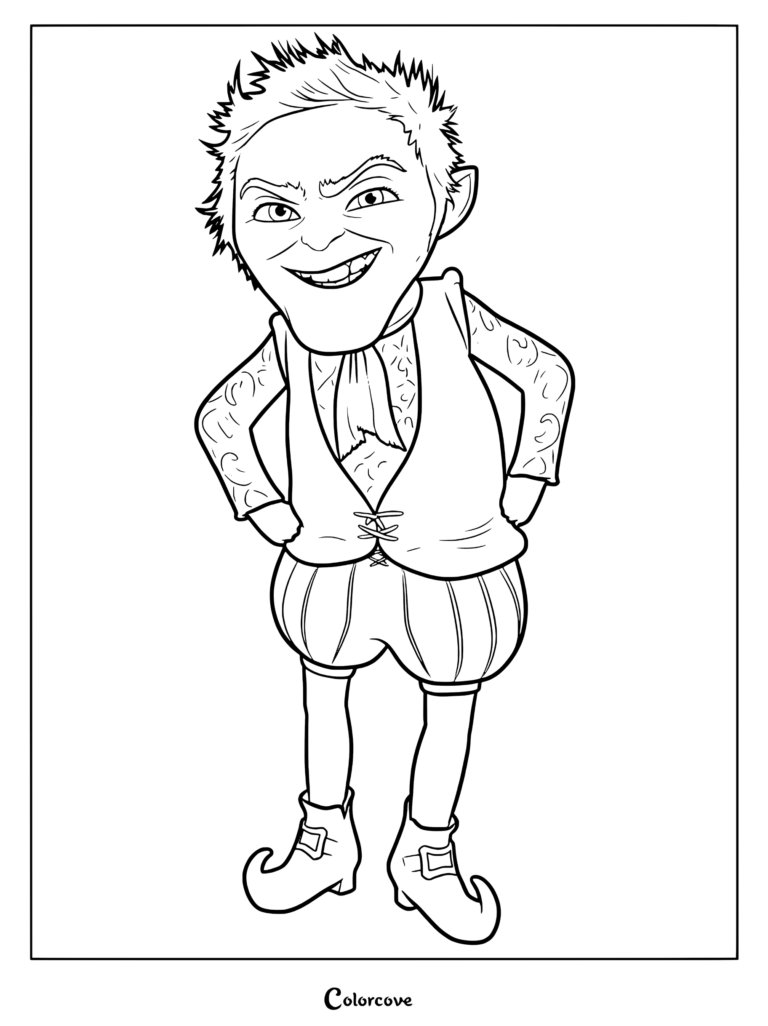 Rumpelstiltskin standing with hands on hips in this detailed line art coloring page.