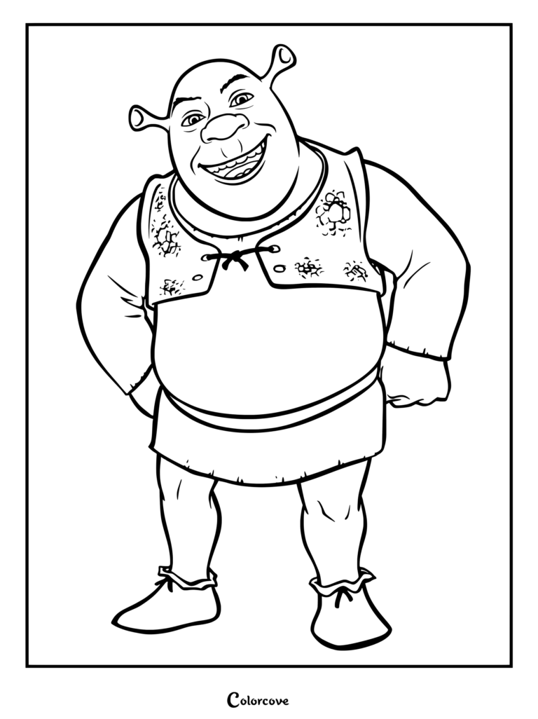 Shrek standing with a wide smile in this printable coloring page