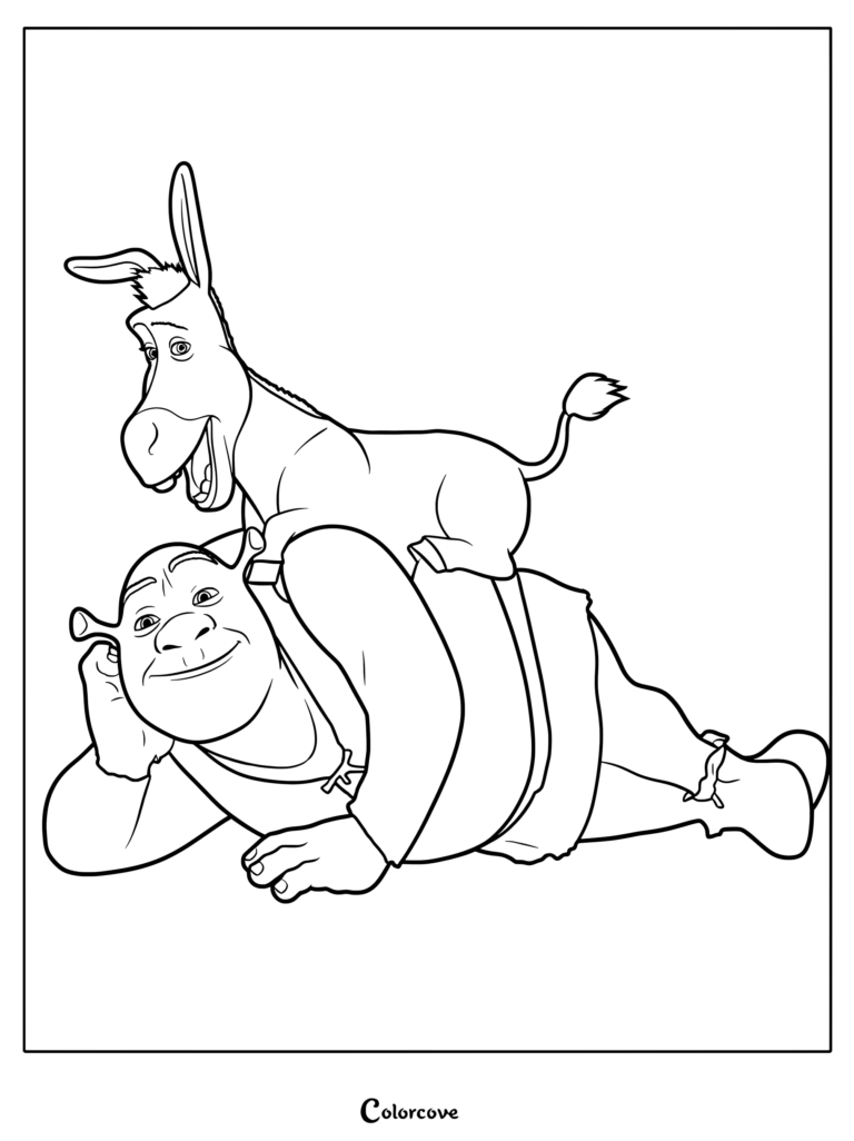 Shrek lying on the ground with Donkey sitting on his back in this printable coloring page.