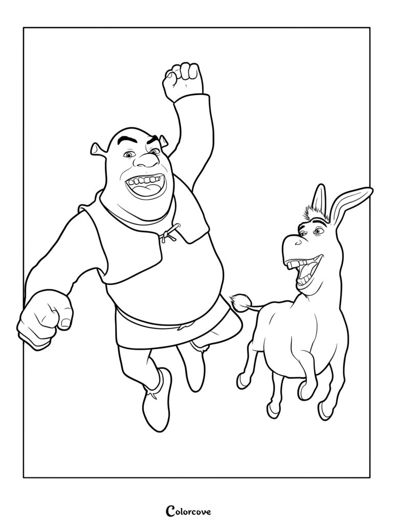 Shrek and Donkey jumping with excitement in this printable coloring page line art.