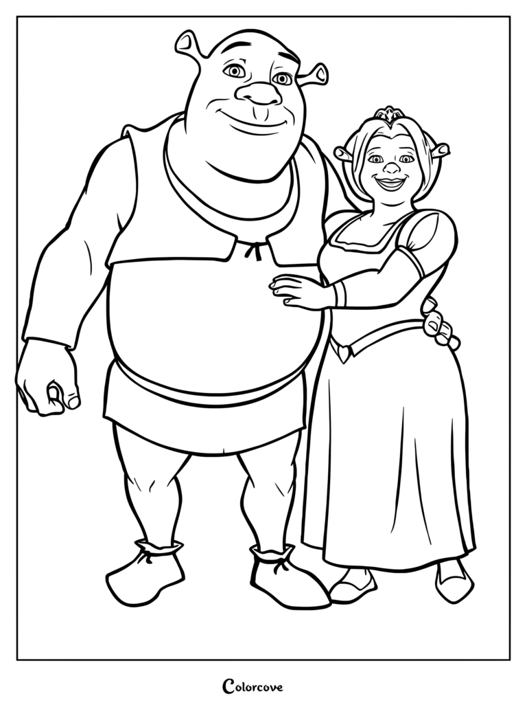 Shrek and Fiona standing together smiling in this printable coloring page