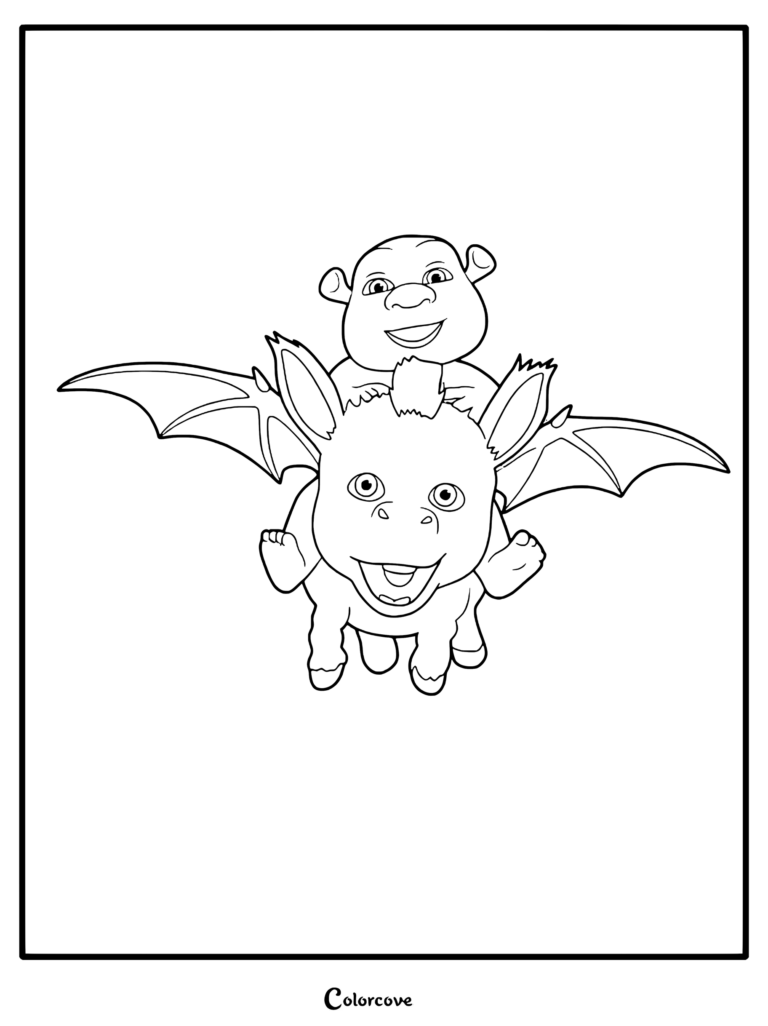A cute Shrek baby riding on the back of a flying Dronkey in this printable coloring page.