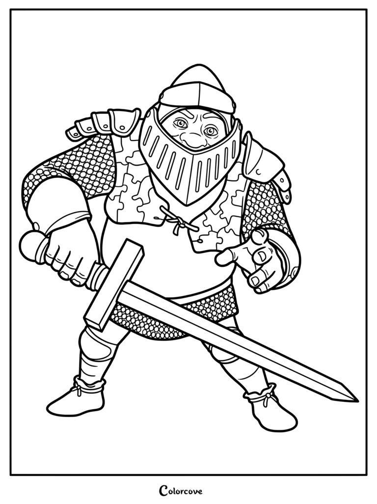 Shrek wearing a knight helmet and holding a sword in this printable coloring page.