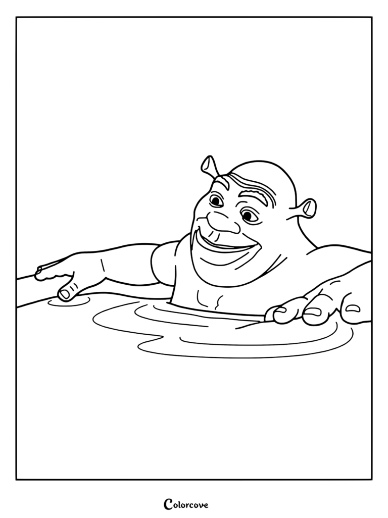 Shrek relaxing in a mudbath, line art coloring page showing Shrek submerged in mud.