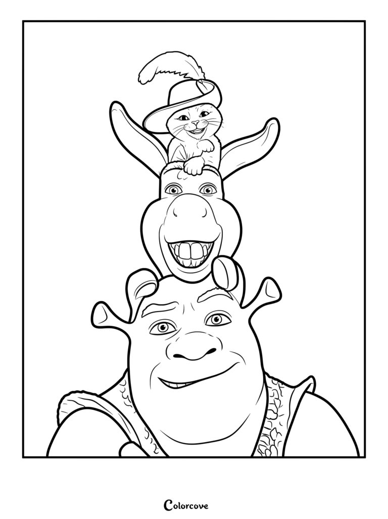 Shrek, Donkey, and Puss in Boots stacked on top of each other in a printable coloring page.