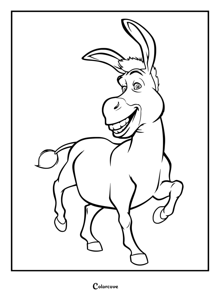 Donkey from Shrek smiling and looking over his shoulder in this printable coloring page.