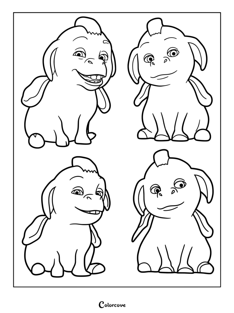 Four cute Dronkeys from Shrek in various poses on a printable coloring page.